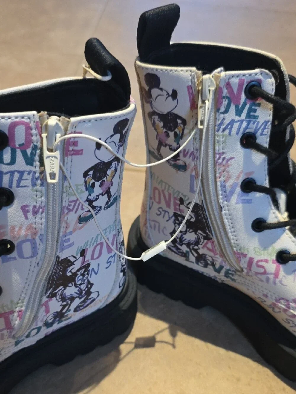 Zara Kids Disney Mickey MouseWhite Graphic Lace-Up Combat Boots with Black Soles